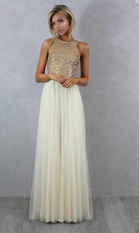 

Backless Bridesmaid Dresses For Women A-line High Collar Tulle Sequins Long Cheap Under 50 Wedding Party Dresses