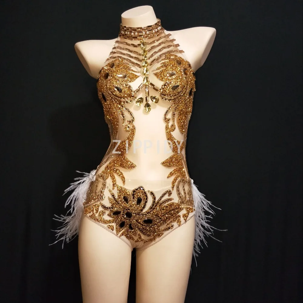 Flashing Gold Stones See Through Halter Feather Tail Bodysuit Nightclub Dance Show Mesh Outfit Birthday Celebrate Clothes