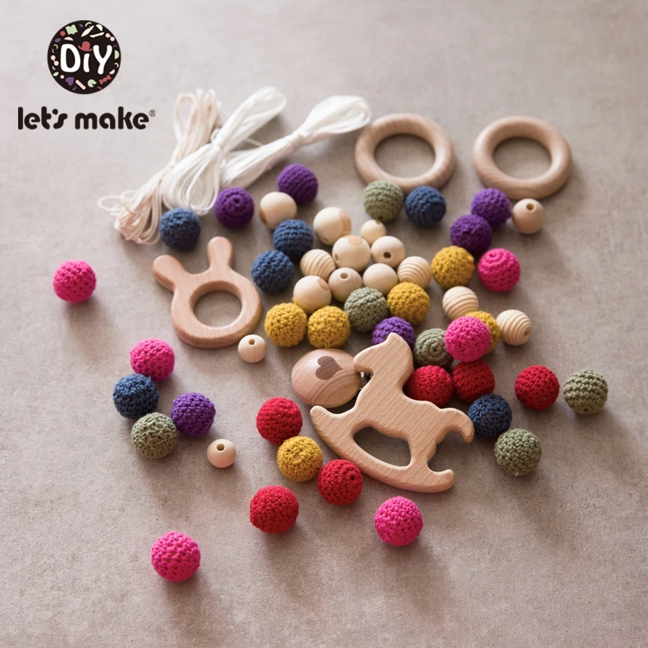 Let's Make 1set Wooden Teether Crochet Beads Animal Shape Wood Combination Package Baby Rattle Diy Accessories Baby Teether