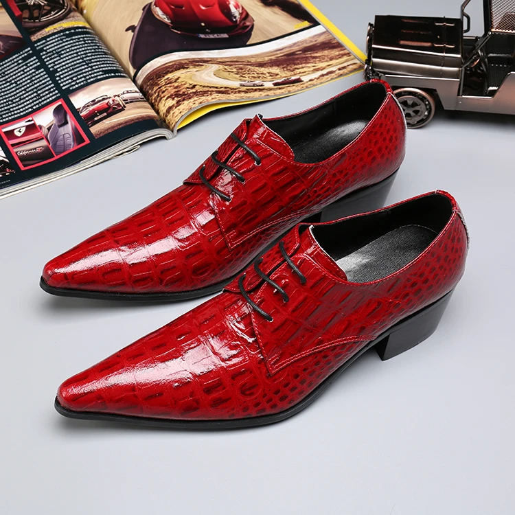 Zapato Hombre Genuine Leather Men Dress Shoes Red Crocodile Print Lace Up Business Office Men Shoes Italian Wedding Male Shoes