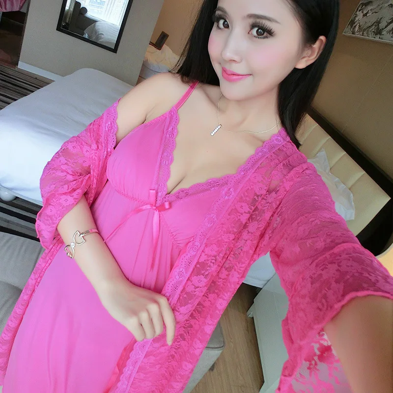 

New Arrival 2022 Lace Robe Set With Deep V Nightgown Sexy Women Summer Sleepwear With Full Sleeve Home Wear Suits High Quality