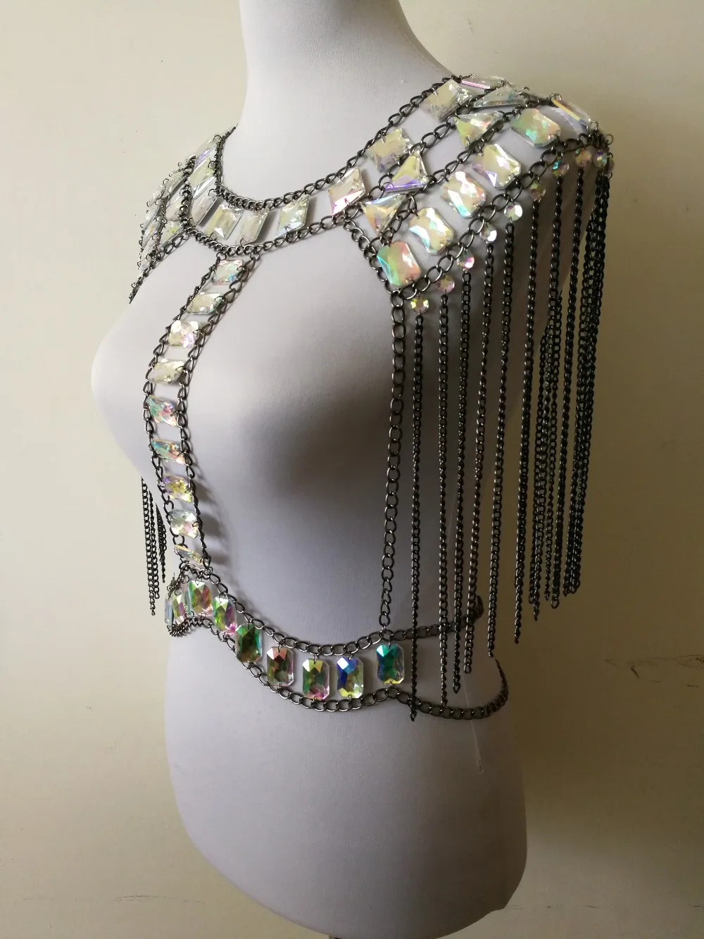 Fashion Style WRB1006 Women Gray Chains AB Colorful Beads Necklace Bra Costume Body wear Chain Crop Tops Party Jewelry