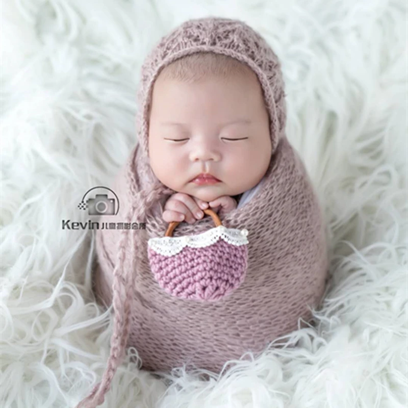 

Newborn mohair bonnet and wrap full set photo prop Handmade knit moahir wrap Baby soft hat outfit Newborn photography props