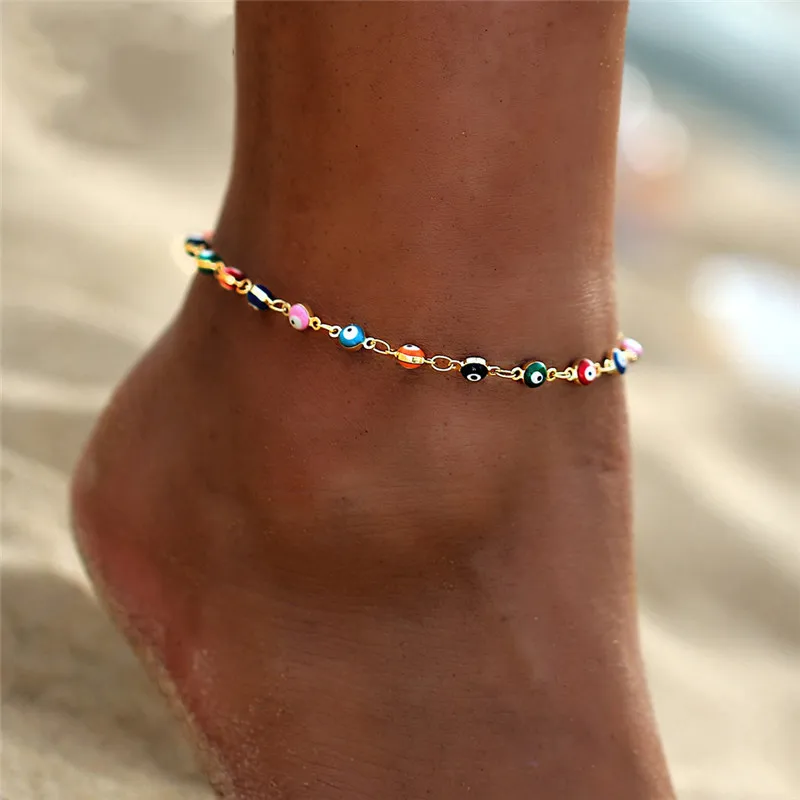 Fashion Colorful Crystal Beads Drop Ankle Bracelet Summer Ocean Beach Cowrie Shell Anklets for Women Foot Leg Bracelet Jewelry