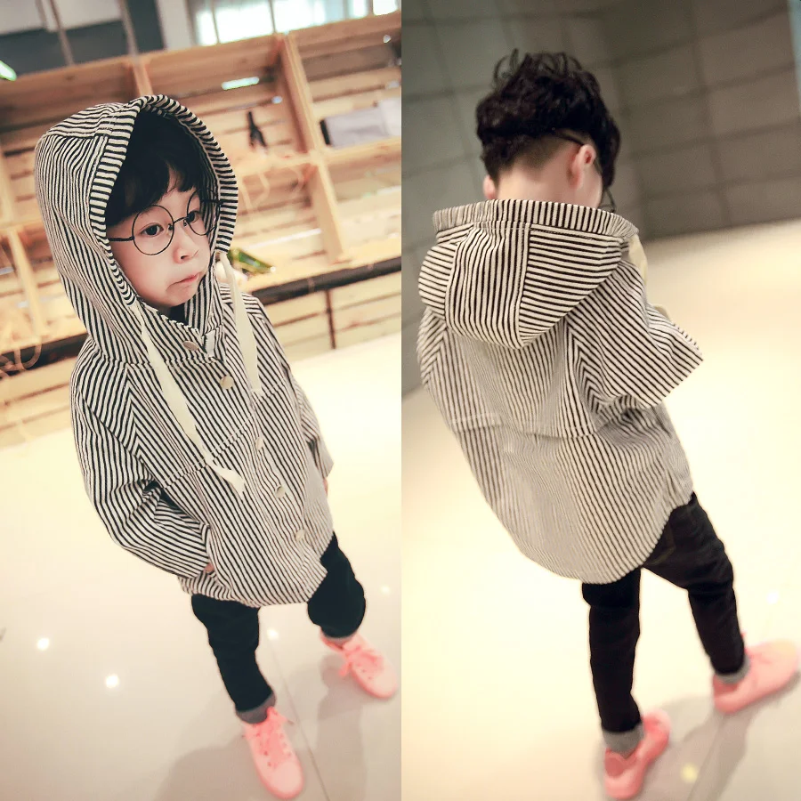 

Foreign Trade 2023 Spring Fall Boys Casual Striped Hooded Jacket Children's Wear Overcoat Kids Cotton Trench Coat Outerwear X319