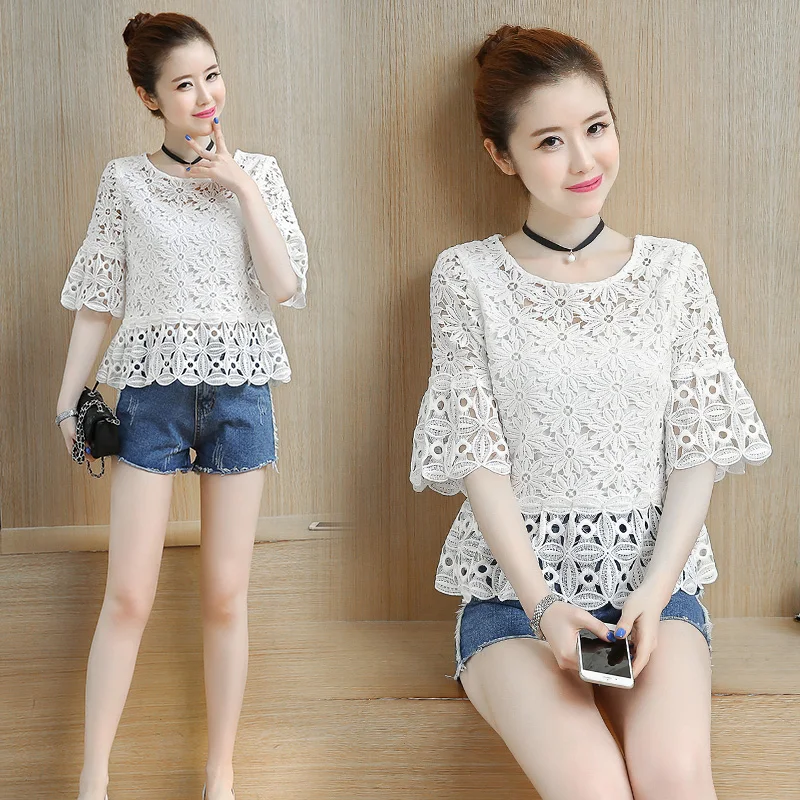 Women's Short-Sleeved Lace Shirt, Loose Tops, Openwork Shirt, Pure White, Female Fashion, Summer, New, W452,