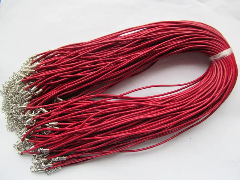 100pcs 2mm 16-18inches Adjustable Deep Red Genuine Leather Necklace Cord Rope String,1.8inch Extender Chain,12x7mm Lobster Clasp