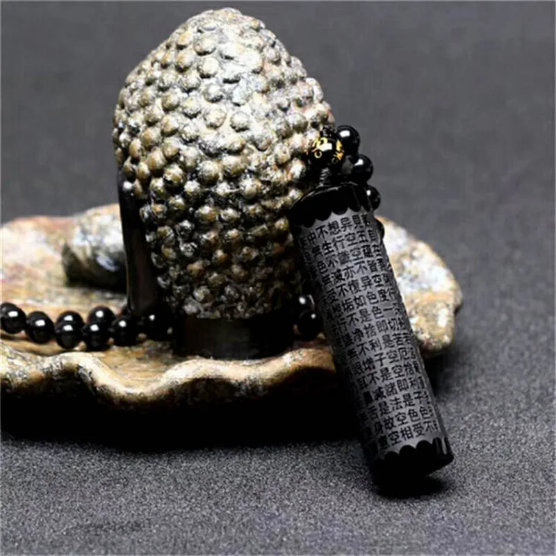 Natural Obsidian Pendant Prajna paramita Sutra Buddha Necklace Pendant With Lucky Beads Chain Fashion Jewelry For Men women