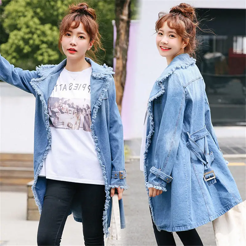 

Denim Women Trench Coat Autumn New Long Section Denim Windbreaker Ladies Tassel Long Sleeve Cardigans Outerwear With Belt f1041