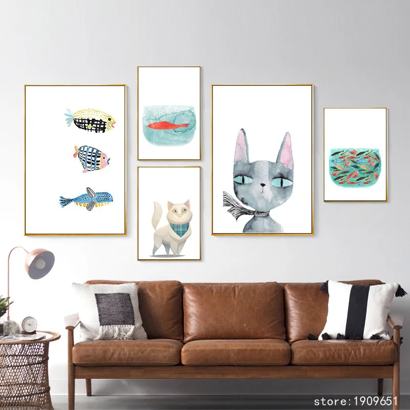 cotton no frame modern cartoon animal cat fish  canvas printings oil painting printed on cotton home wall art decoration picture