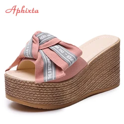 Aphixta platformy kapcie na platformie kobiety buty outdoorowe Clog Riband Butterfly-knot sandały dziewczyny Flip Flop slajdy Pantoufle Femme