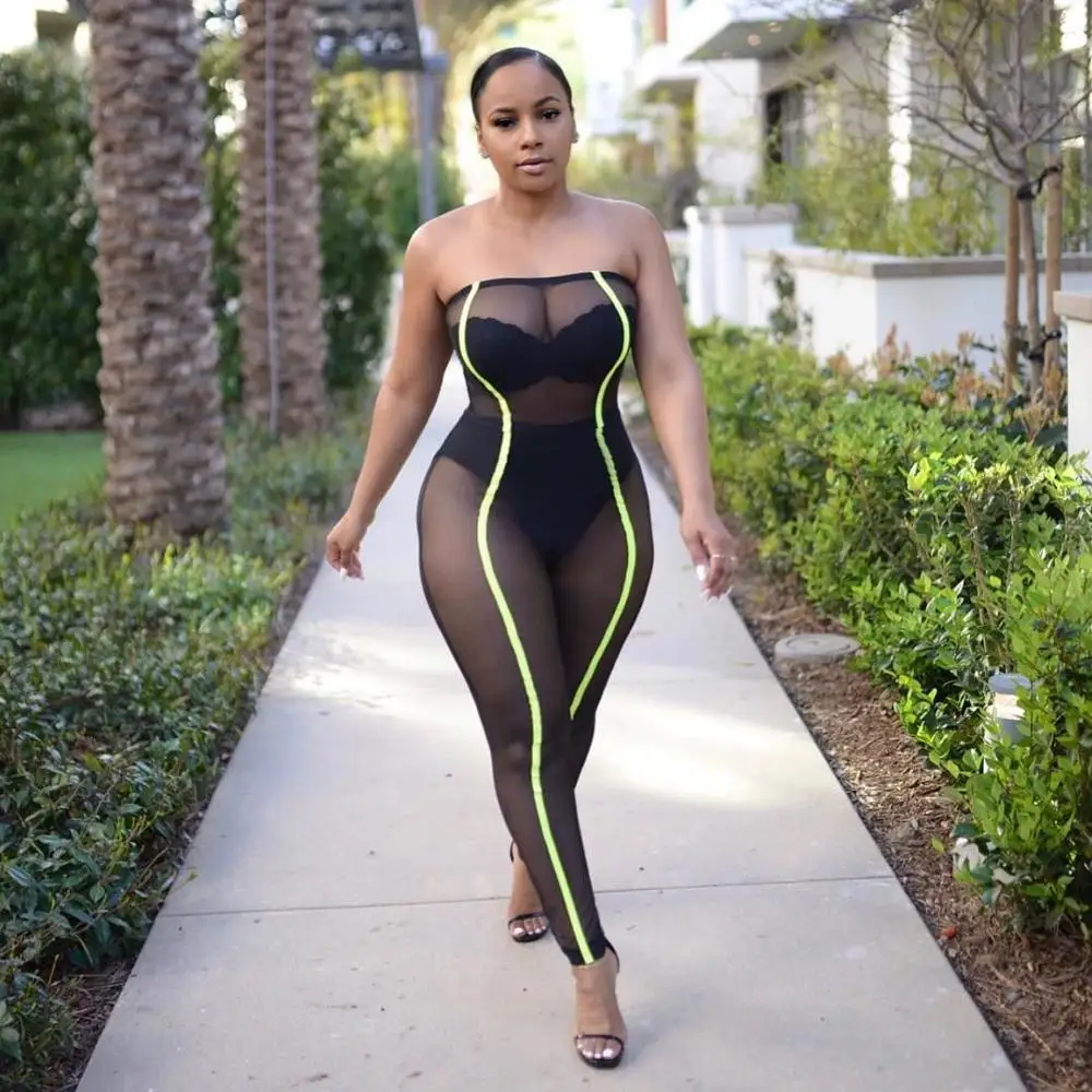 BKLD Summer Women Strapless Off Shoulder Jumpsuits Fashion 2019 New Striped Mesh Sheer Jumpsuit Black Plus Size Women Jumpsuit