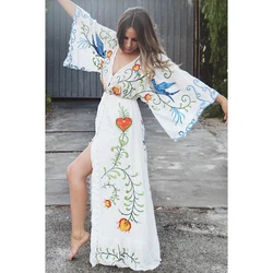 TEELYNN white maxi dress Vintage cotton floral Embroidery dresses sexy deep V-neck beach dress Elastic waist brand women dresses