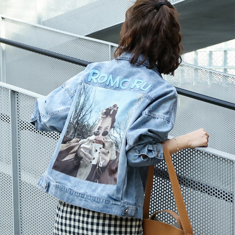 Basic Bomber Denim Jas Vrouwen Retro Print Lange Mouwen Jean Jas Vrouwen 2019 Herfst Toevallige Losse Blauwe Jas Vrouwelijke