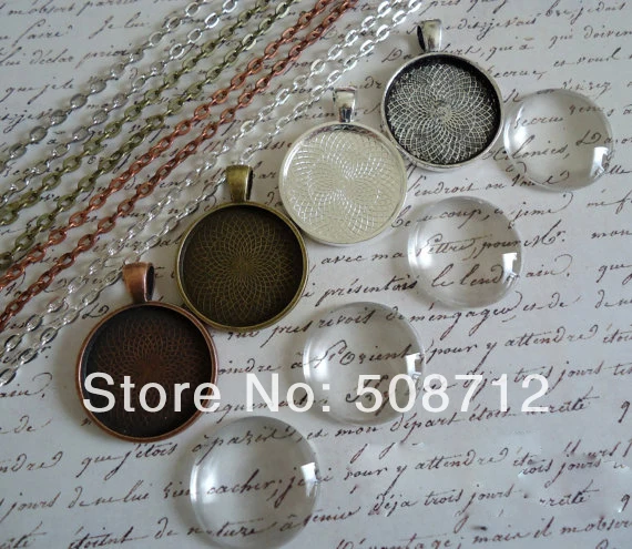 

30sets DIY 25mm Blank Photo Pendant Kits - Pendant Trays with Glass Cabochons and Link or Ball Chains Choice of Colors