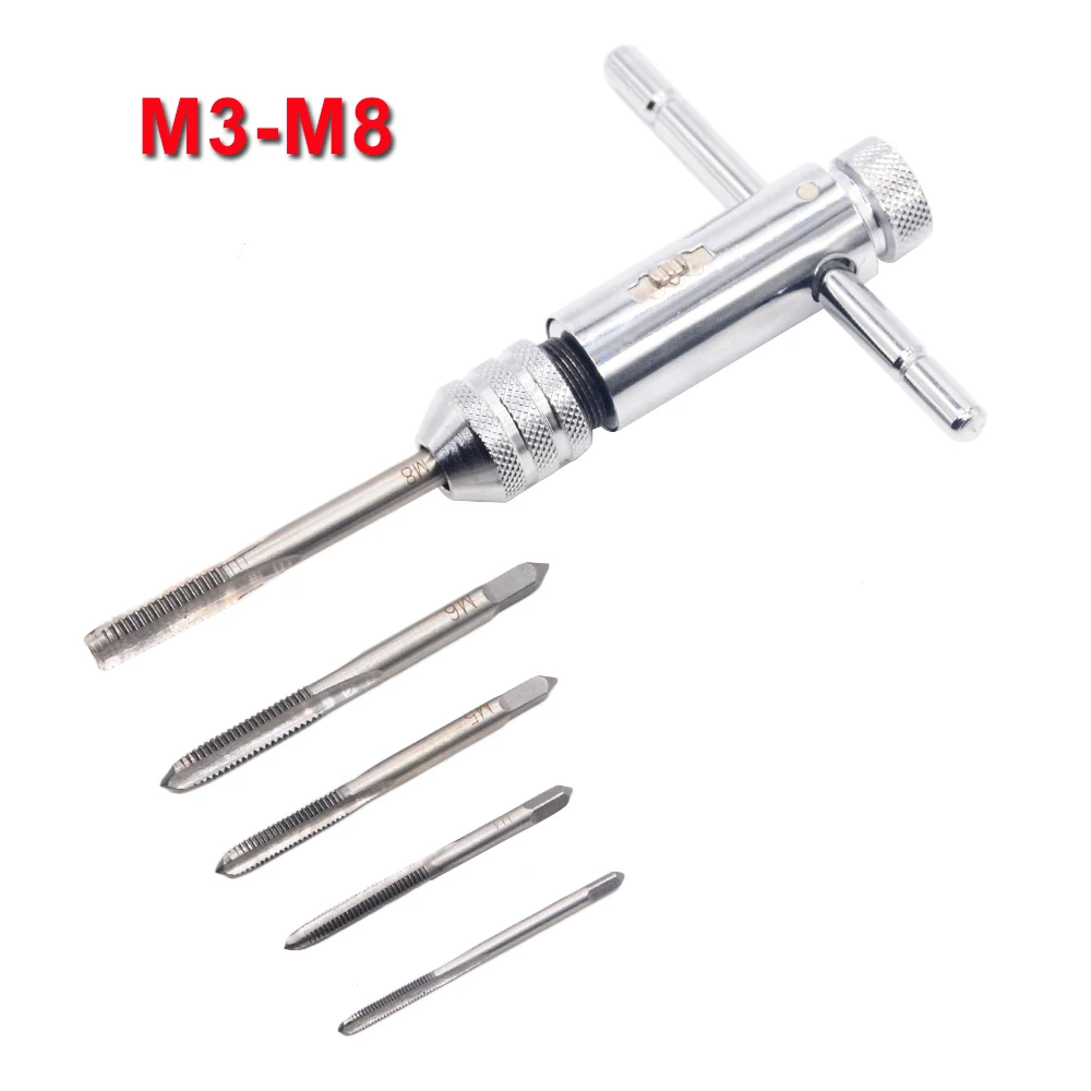 Wrench set: 1PC Adjustable 3-8mm T-Handle Ratchet Tap Wrench with M3-M8 Machine Screw Thread Metric Plug Tap Machinist Tool