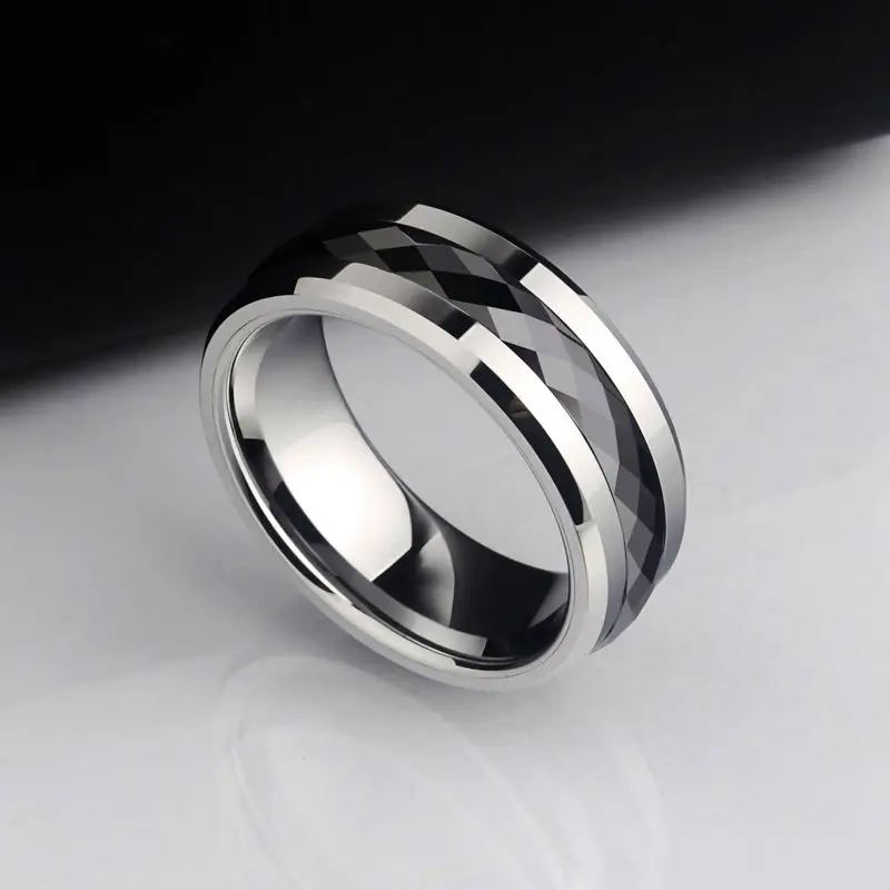 Ring for Men, 8mm Width Tungsten Carbide Inlay Black Multifaceted Ceramic Ring for Wedding, Customized