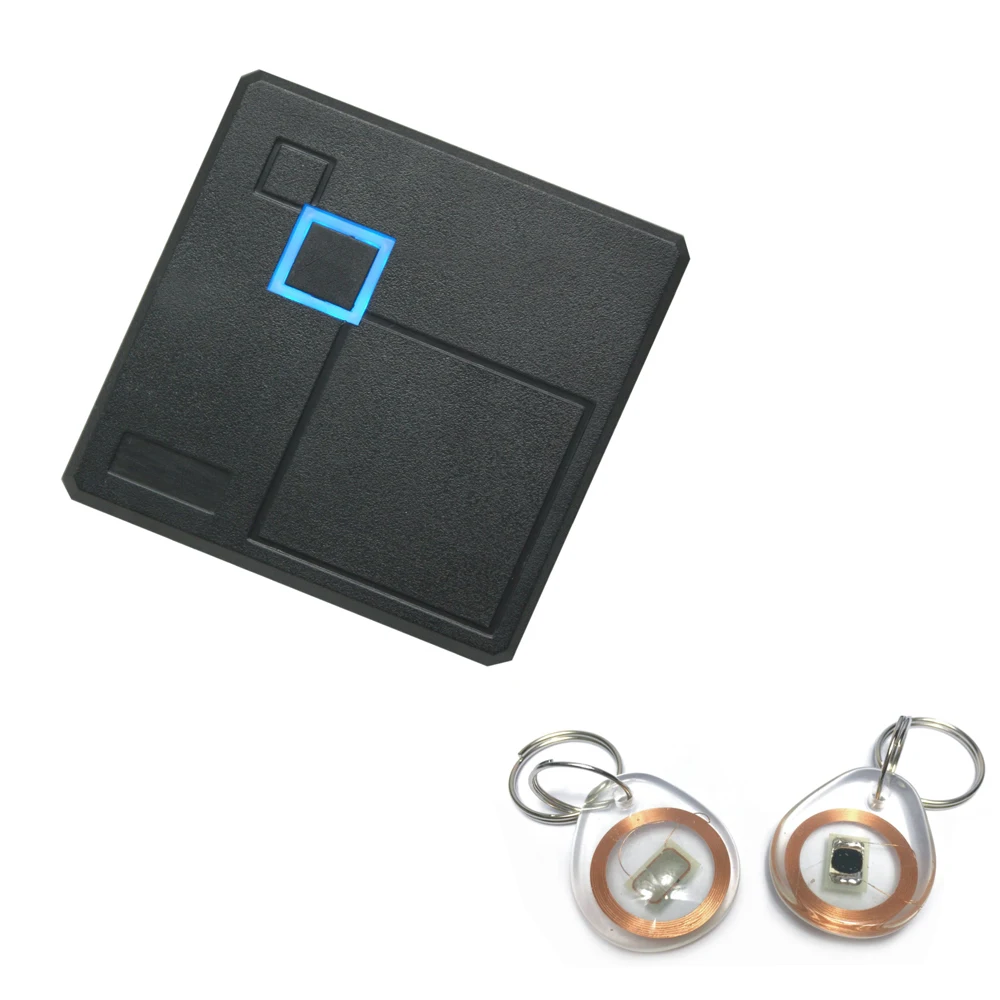 RFID 125KHZ WG26 Access Control card reader 86X86mm box access control reader +2 pcs crystal keyfobs