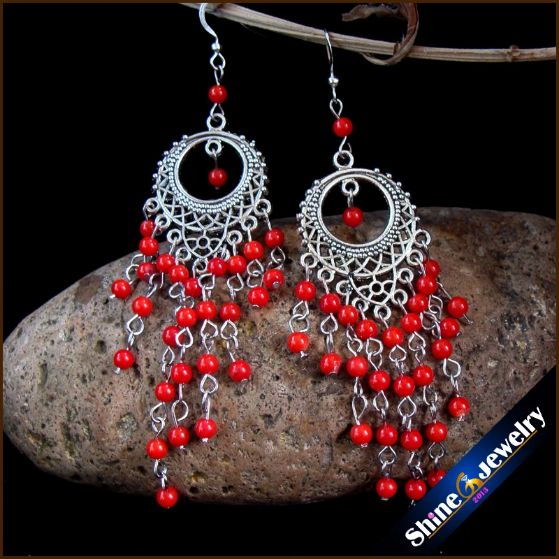 Vintage Tibetan Style Fashion Jewelry Earrings for Women with Red Coral Stones Beads Long Dangle Earings Female -ZY03