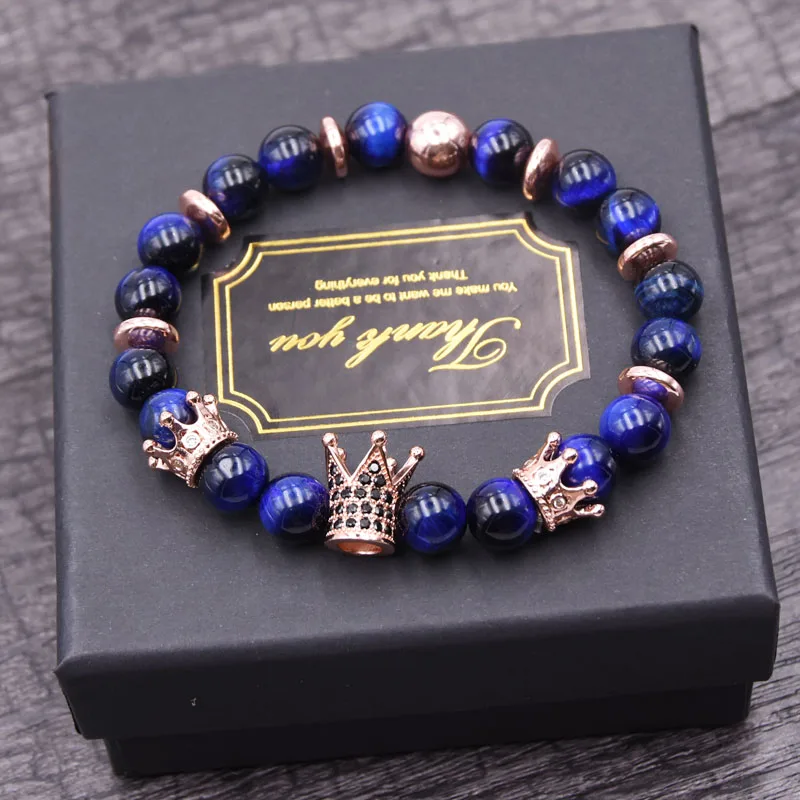 New High Quality Blue Tiger Eye Bracelets Trendy Imperial Crown Charm  Elasticity Rope Men Women Bracelet