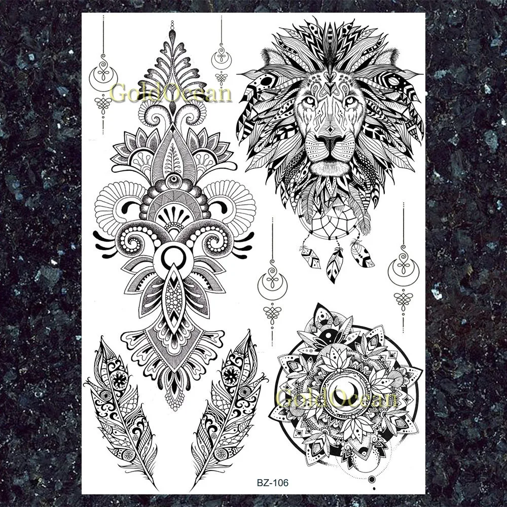 Fake India Wolf Dream Catcher Arm Tattoos Stickers Women Men Black Wolf Tatto Temporary Lion Adhesive Feather Waterproof Tattoo