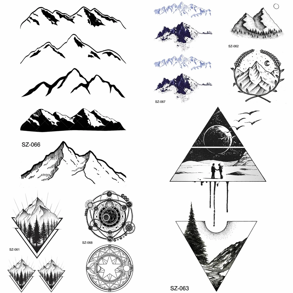 YURAN Black Iceberg Temporary Tattoo Stickers Mountain Arm Art Men Fake Tatoos Triangle Women Rivers Land Water Transfer Tattoo