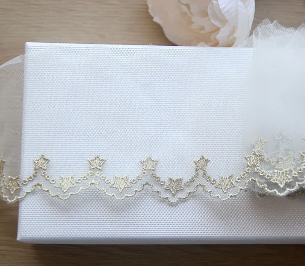 1yard Width:7cm High grade Golden Stars Mesh Ivory White Lace Embroidery for DIY Garment Accessories (ss-489)