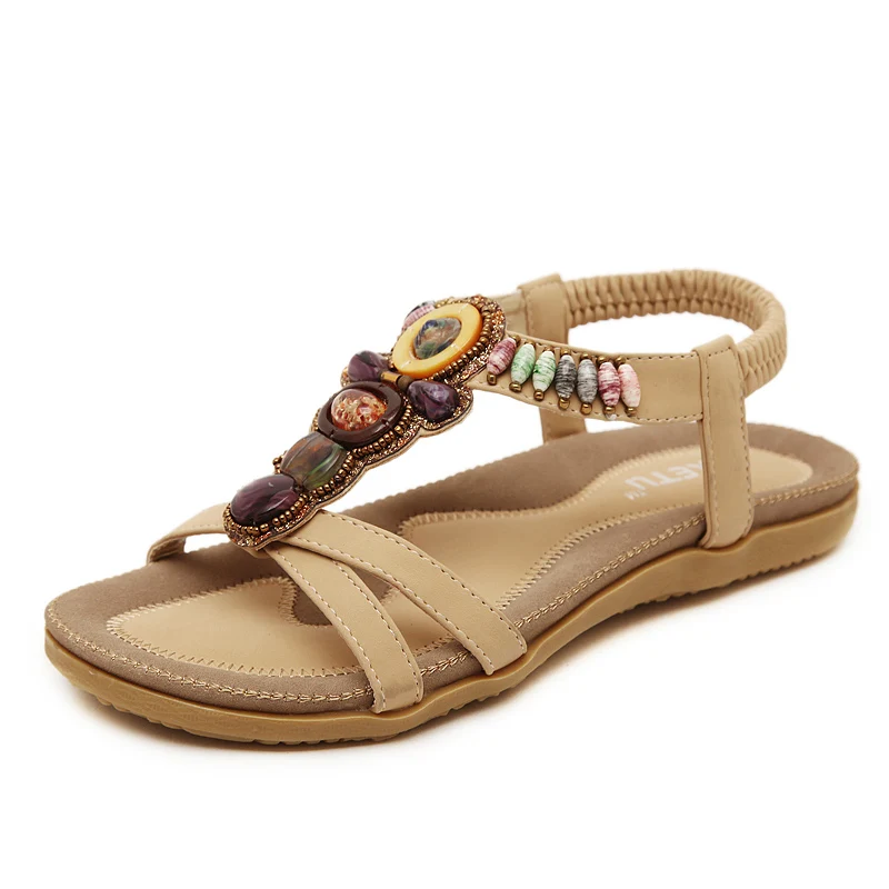 2024 summer new woman sandals stylish casual comfort Bohemia non-slip flat sandals beaded female beach shoes plus size