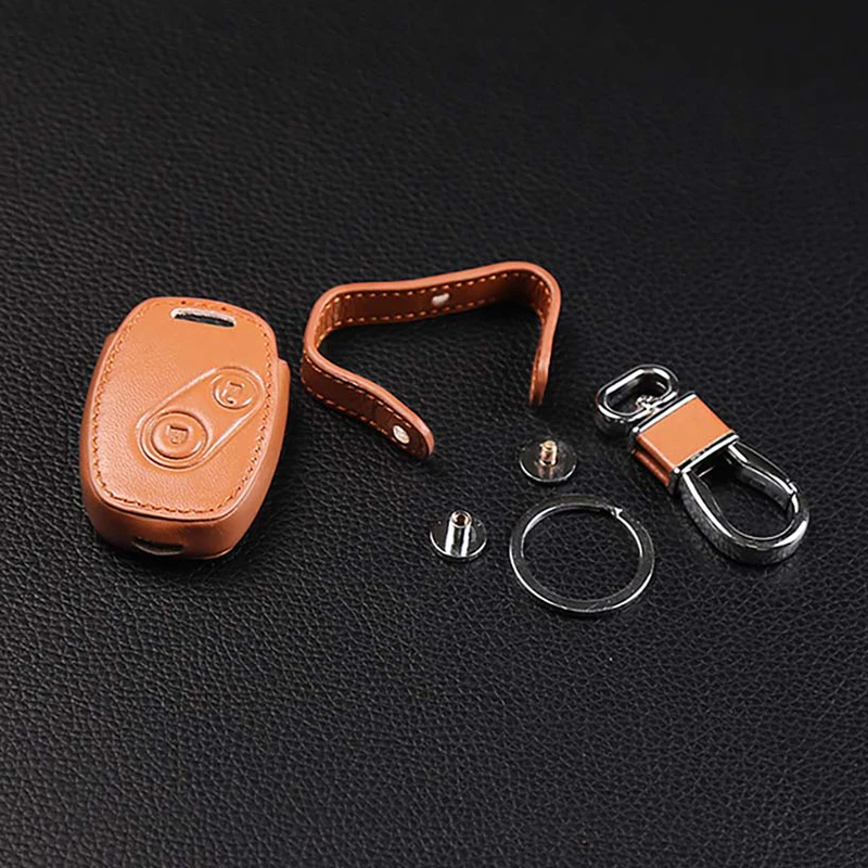 Genuine Leather Car Key Case Cover Key Chain Ring holder for Honda Accord Civic CRV Pilot Remote Key, 2 Buttons Protect cover