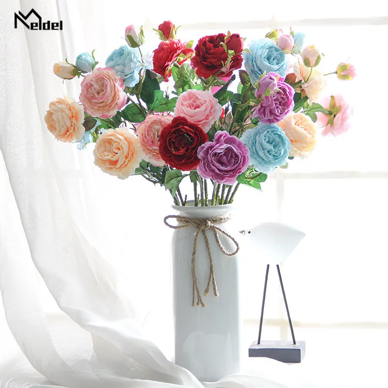 Meldel 3 Heads Silk Peonies Artificial Flowers Branch White Pink Peonies Fake Flowers Wedding Home Decoration Peony Rose Flowers