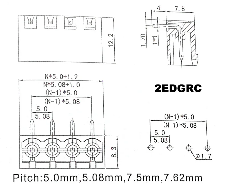 Steckverbinder mit 5,08 mm Rastermaß, 2/3/4-polig, Schraubanschluss, PCB-Klemmenblock, 2EDGK 2EDGRC, rechtwinklig, Stecker/Buchse, 30/50/100 Stück – Detail 3