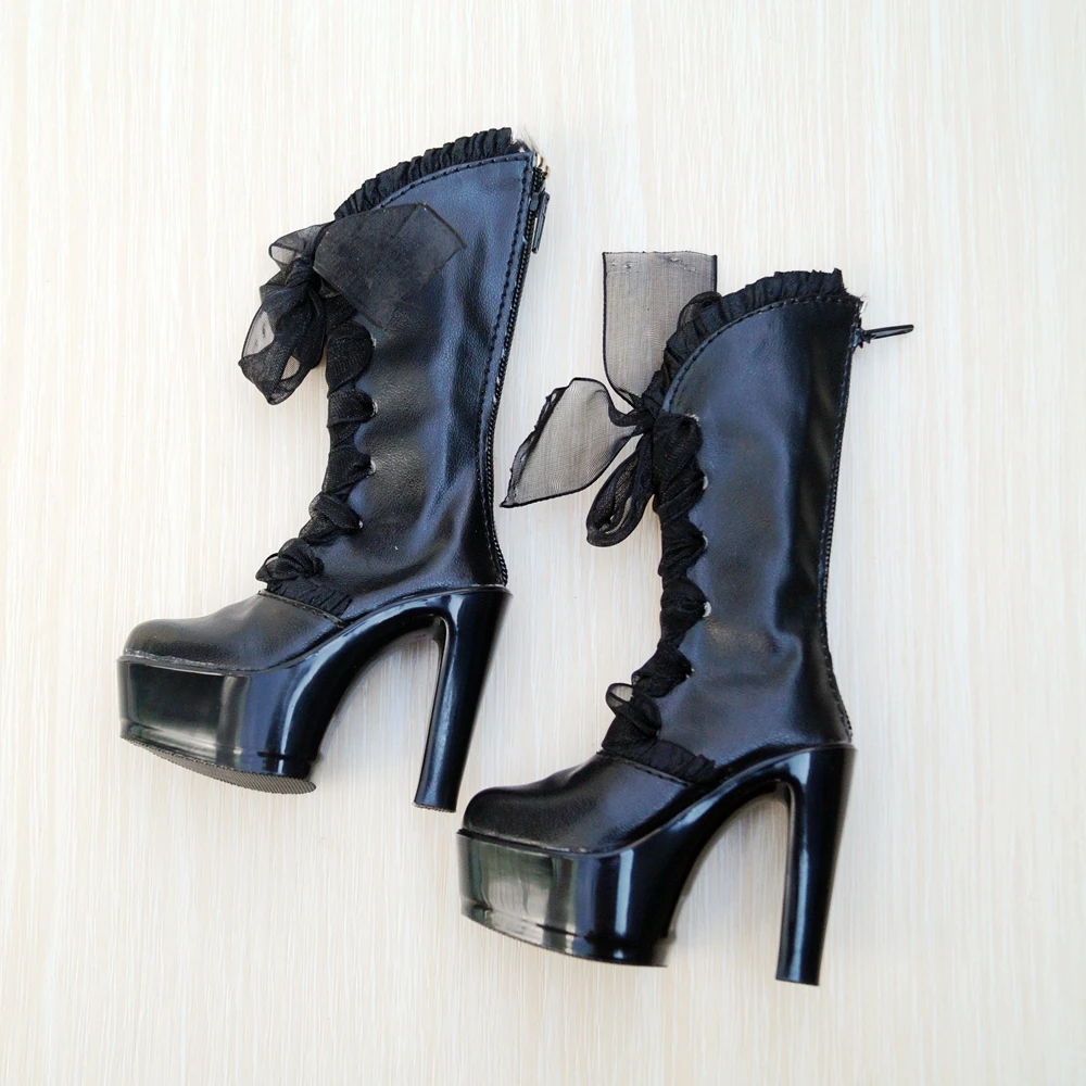 

Black Lace Synthetic Leather Long Boots Shoes High Heel For 1/3 24" Tall Female BJD SD DK DZ AOD DD Doll Free Shipping