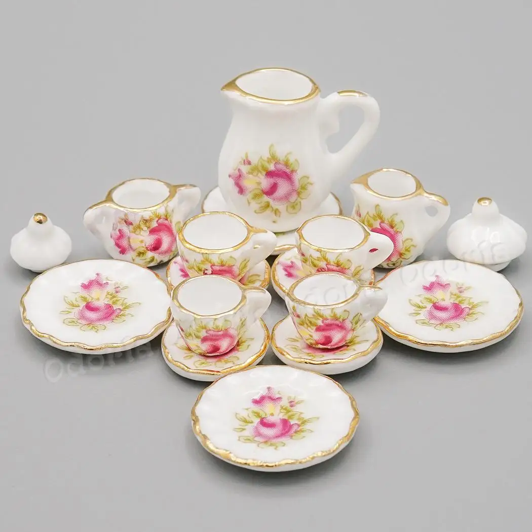 Odoria 1:12 Miniature 15PCS Pink Rose Chintz Golden Trim Tea Cup Set Porcelain Tableware Kitchen Dollhouse Accessories Decor