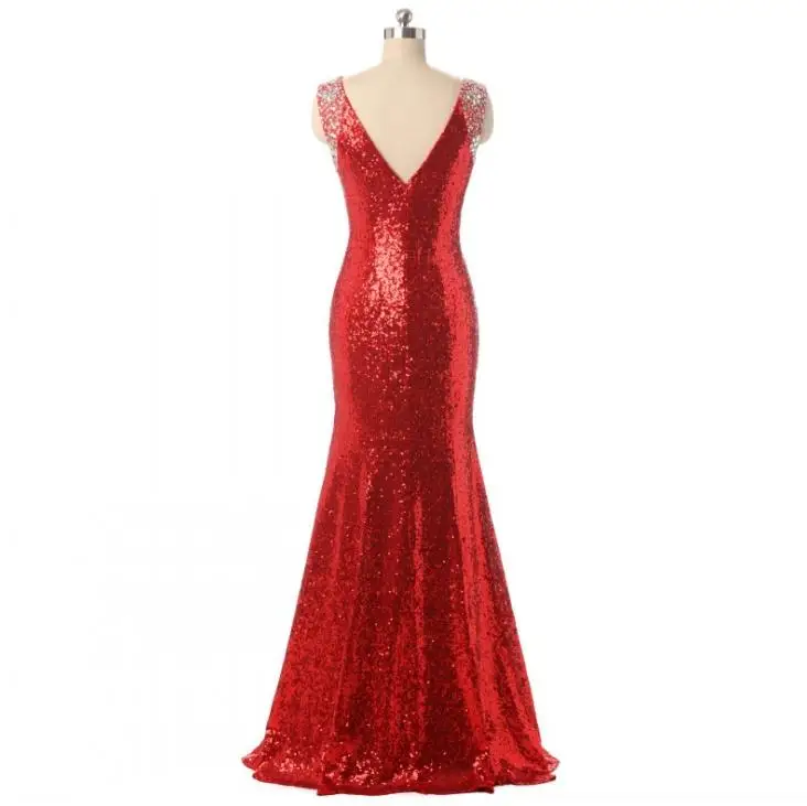 VENSANAC V Neck Sequin Long Mermaid Evening Dresses Eleagant Crystals Tank Backless Lace Party Prom Gowns