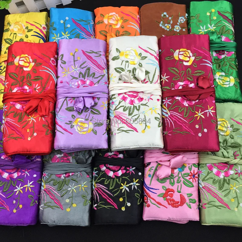 30pcs Embroidery flower Bird Silk Jewelry Roll Travel Bag 3 Zipper Women Cosmetic Jewellery Drawstring Makeup Storage Pouches