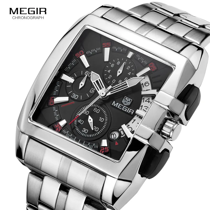 Men\'s Square Stainless Steel Dress Quartz Wrist Watches Chronograph Business Stopwatch Man Clock Relogios Masculino 2018Black