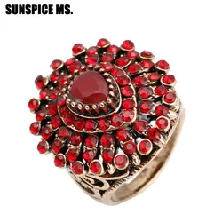 Bohemia Ethnic Wedding Rings Full Rhinestone Red Stones Antique Gold Color Indian Vintage Water Drop Resin Women Rings Jewelry