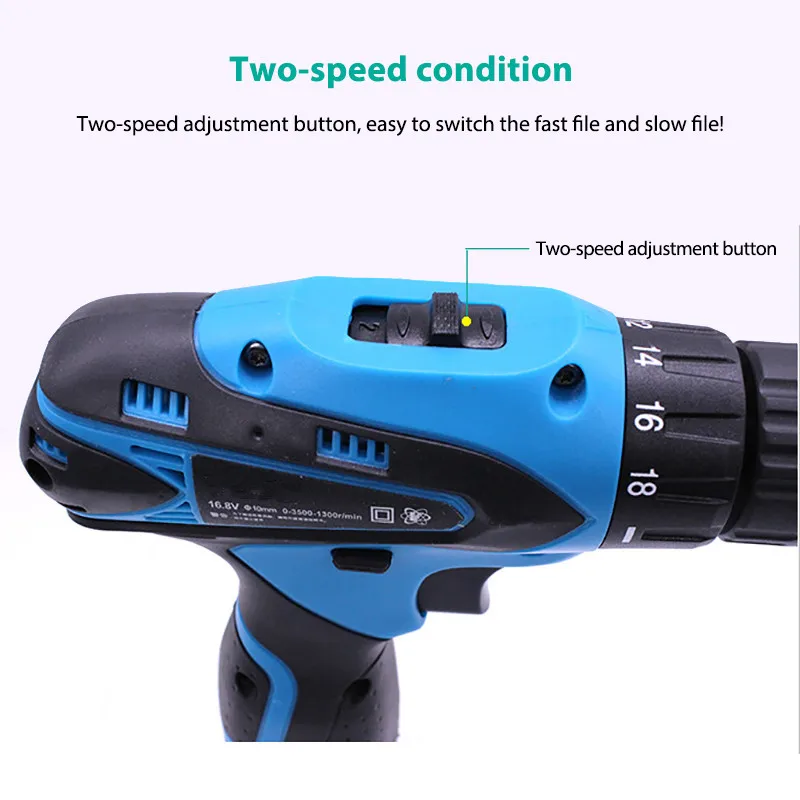 High Quality 16.8V Cordless Electric Screwdriver Two-Speed Drill Portable Rechargeable Lithium Battery Multi-function Power tool