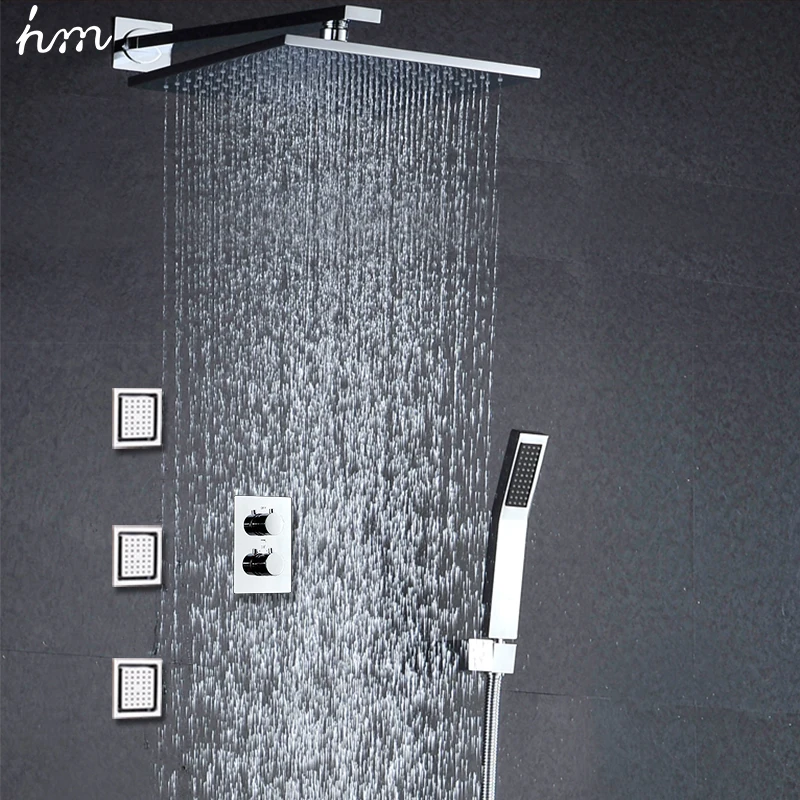 

hm High Quality Rainfall Shower Set 10Inch Square Rain Shower Head Panel Bathroom Thermostatic Diverter Faucets Massage Body Jet