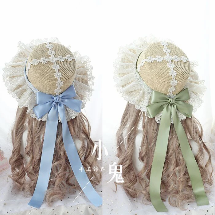 

Lace Bow Sweet Lolita Straw Hat Small Fresh Sen Pastoral Soft Girl Dress Japanese Beach Straw Hat