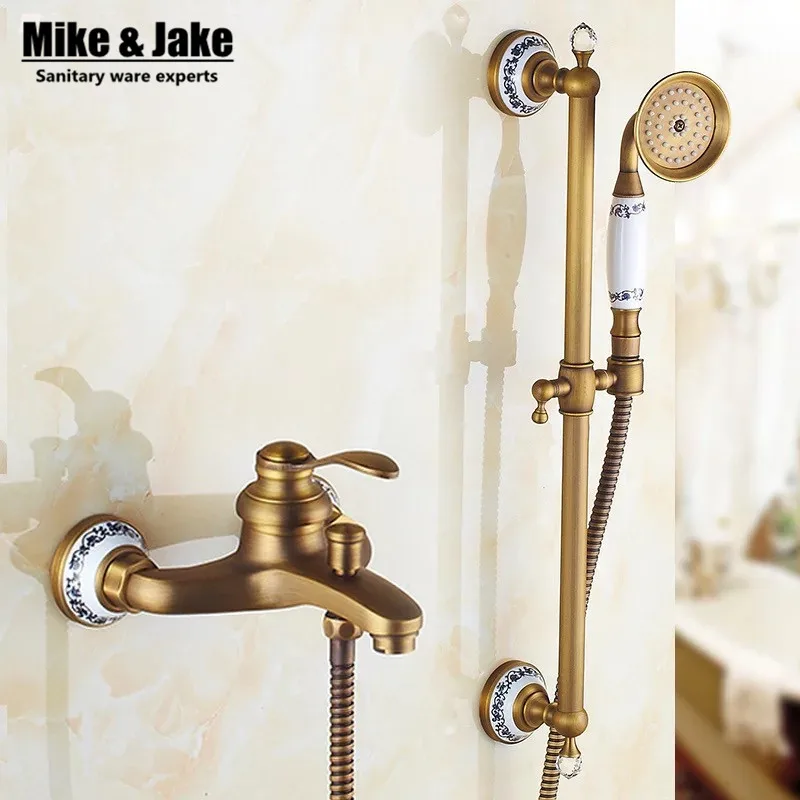 

Bathroom Antique shower mixer set with lifter shower bar bath simple bathtub mixer set with hand shower antique shower