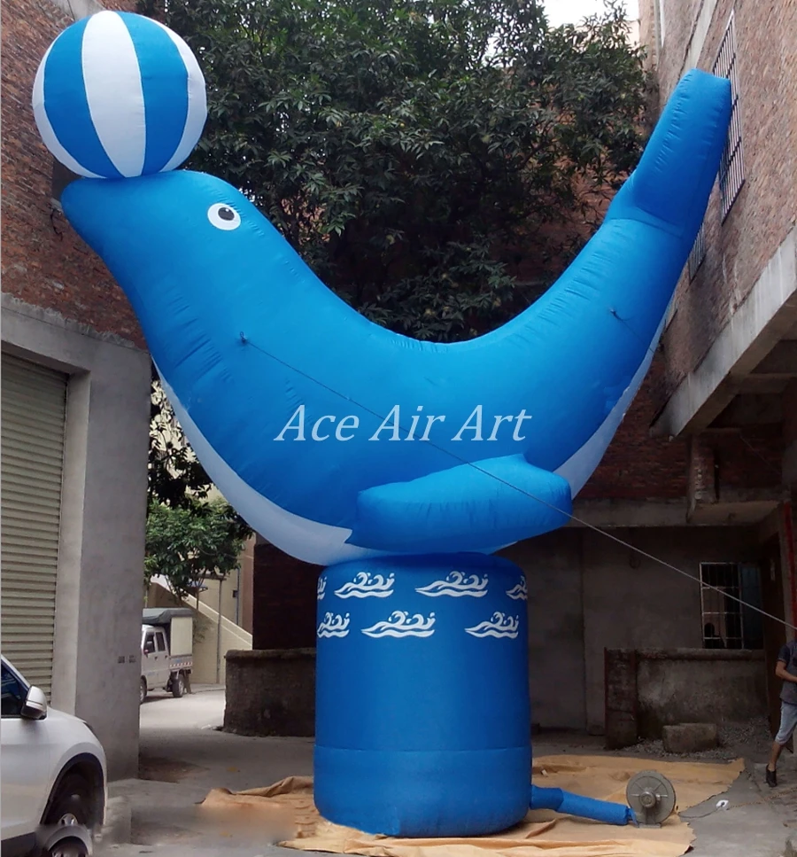 Blue Inflatable Dolphin Lying on Pillar with Ball Over Head Mascot Animal Model for Aquarium Advertising Marine Zoo Display