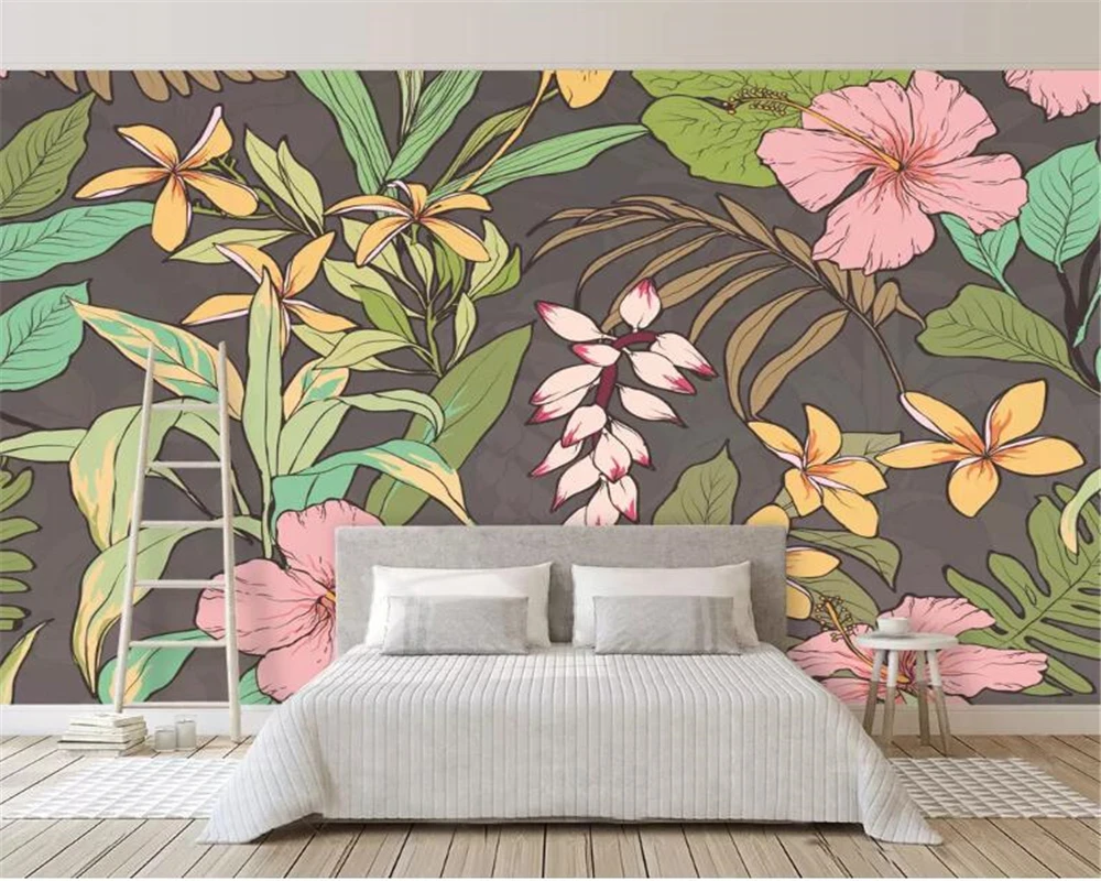 

Custom wallpaper stereo hand drawn Southeast Asian flowers modern abstract art wall painting living room wallpaper papel tapiz