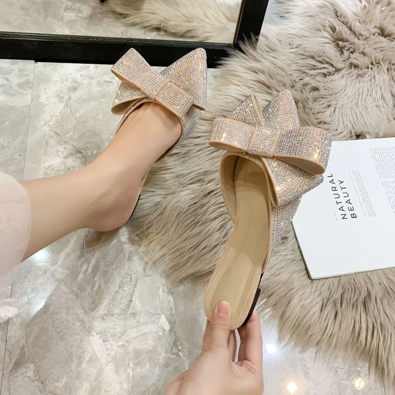 

Pointed toe half slippers Female summer wear 2019 new fashion Rhinestone bow Lazy flat sandals Women's shoes