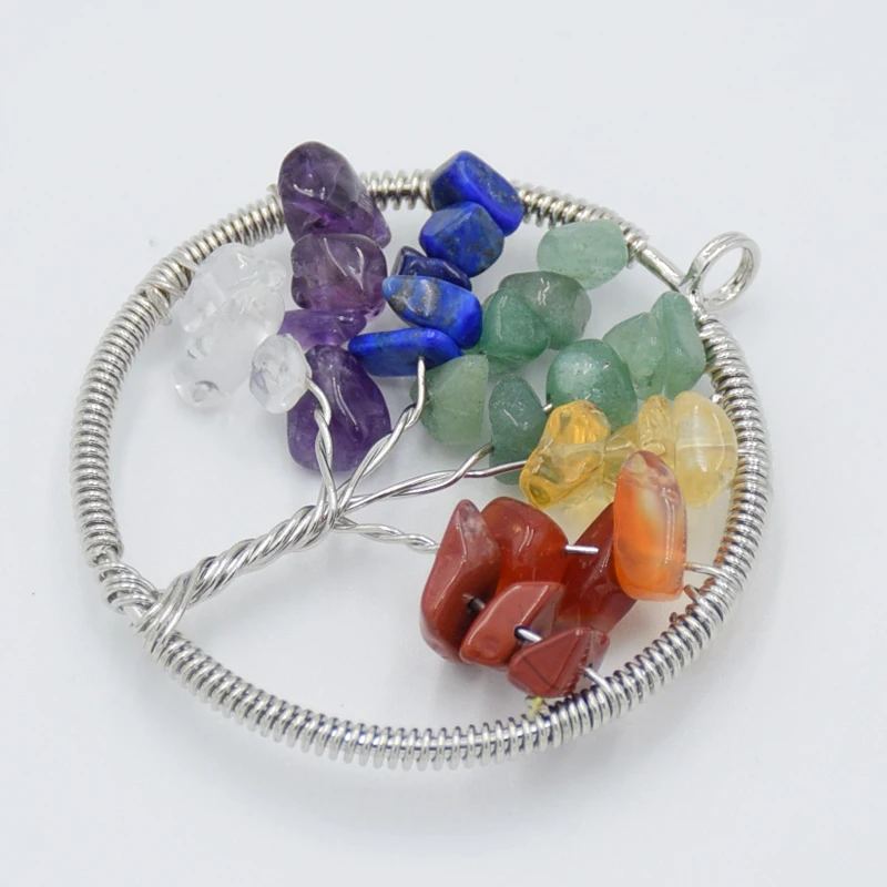 Silver Plated 7 Chakra Natural Tiger eye Stone Rose Pink Quartz Wire Wrapped Round Wisdom Tree Life Pendant Fashion Jewelry