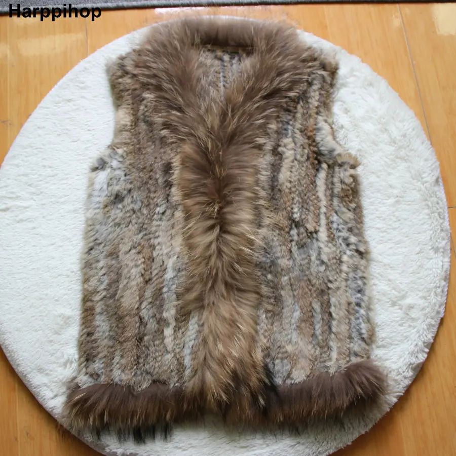 68cm long new Design Real Fur Vest Raccoon Fur Collar Waistcoat Natural knitted Rabbit Fur Vest Gilet For Women Retail/wholesale