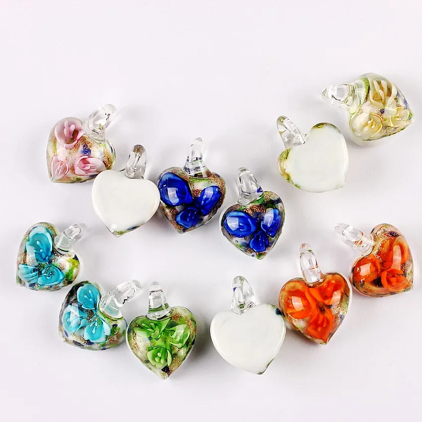 QianBei Wholesale 6Pcs Fashion Heart Shape Flower Charm Glass Pendant Bead Woman For Earring Necklace Jewelry Accessaries Girl