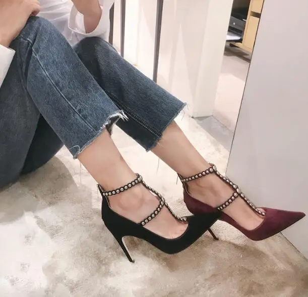 Spring Fashion Burgundy Faux Suede Leather Women T-Straps High Heels Sexy Pointy Toe Ladies Sexy Pumps Elegant Party Shoes