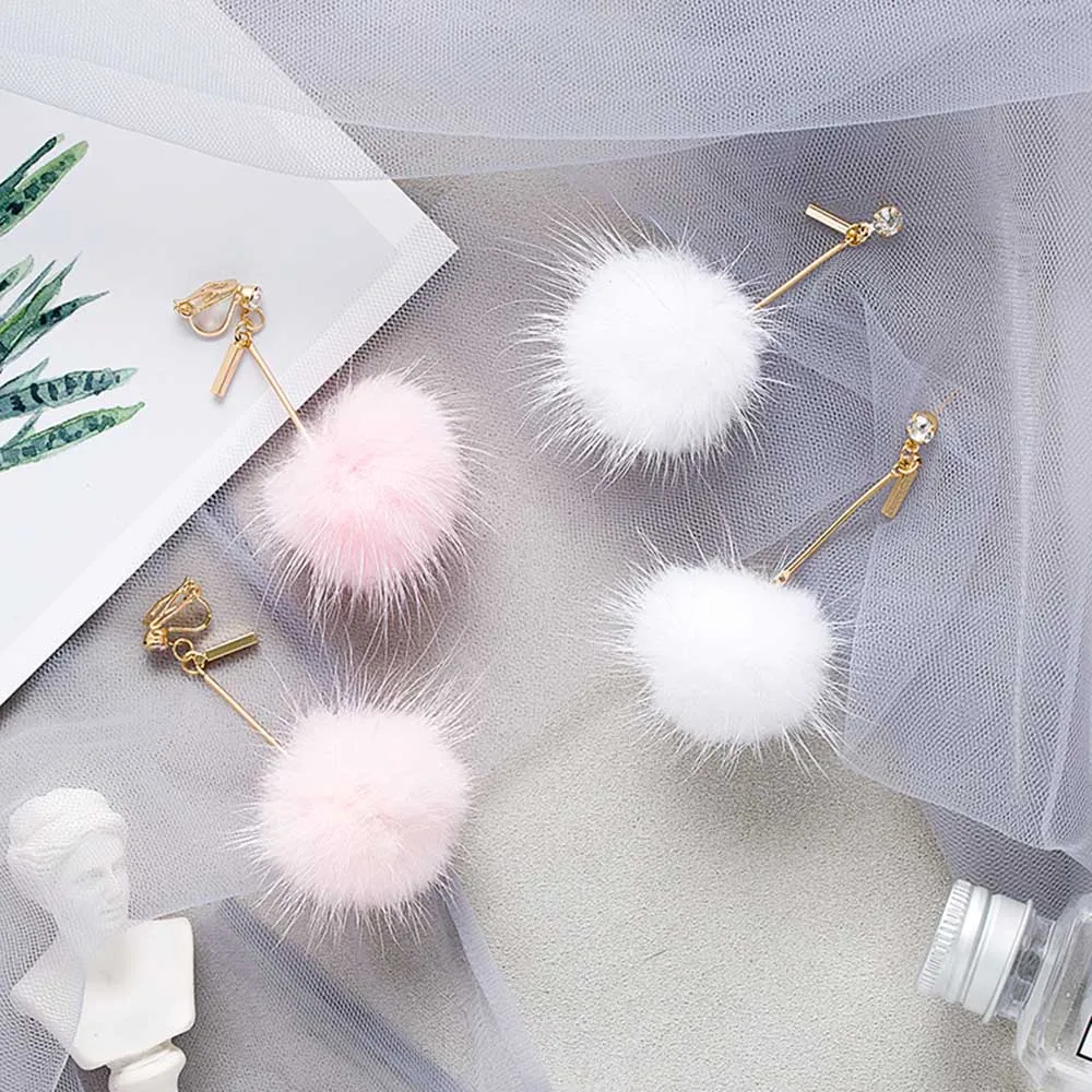 GRACRE JUN Rabbit Fur Ball PomPom Long wedding clip on earrings for Women Unique Soft  Ear Earring Jewelry Cute Christmas Gift