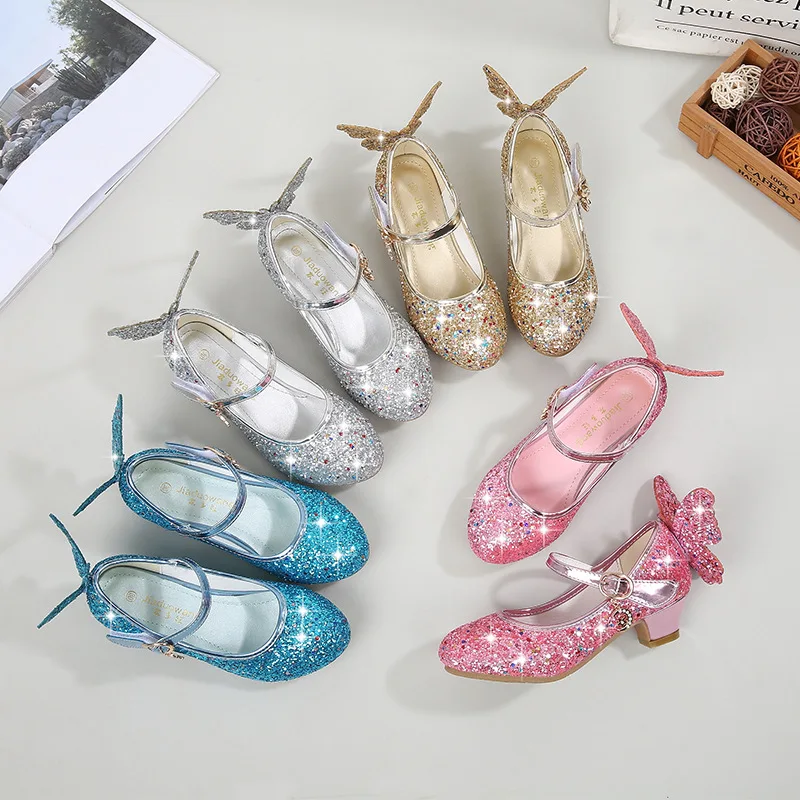 Girls Shoes Glitter Butterfly Children Sandals for Princess Spring Summer Low Heels Kids Girls Wedding Shoes Party Dress Shoes